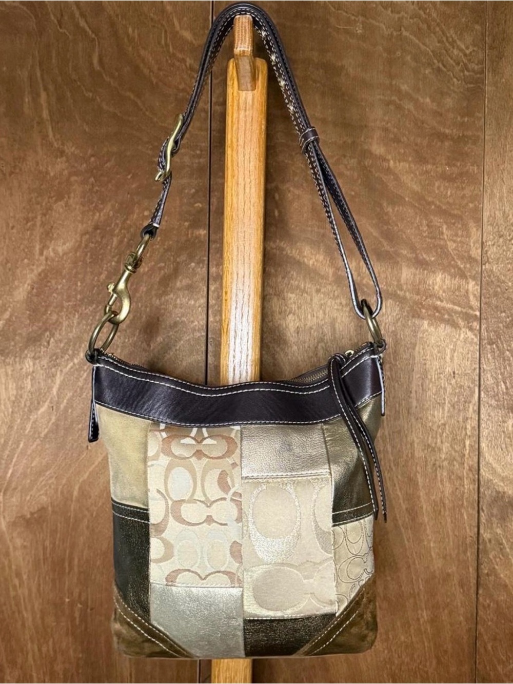 Vintage Y2K Coach Signature Patchwork Gold Brown Hobo Crossbody Bag